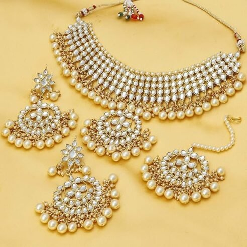 Gold Plated Wedding Jewellery Pearl Choker Necklace Set for Women